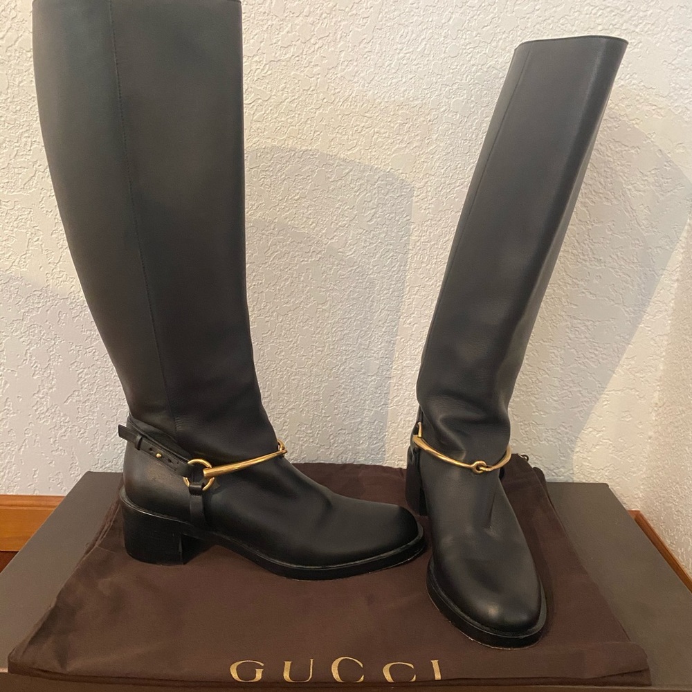 Gucci black horsebit riding boot